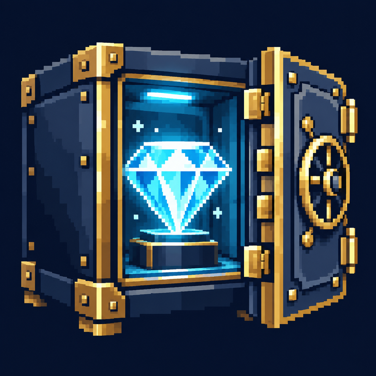 A pixel-art vault with a glowing blue diamond
